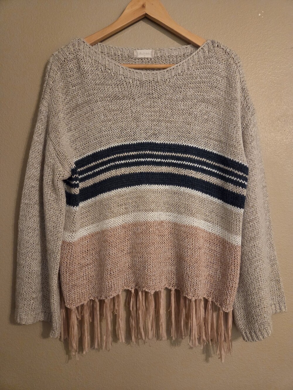 ALTAR'D STATE Sterchi Blue Pink Beige Stripe Oversized Fringe Boho Sweater SZ M